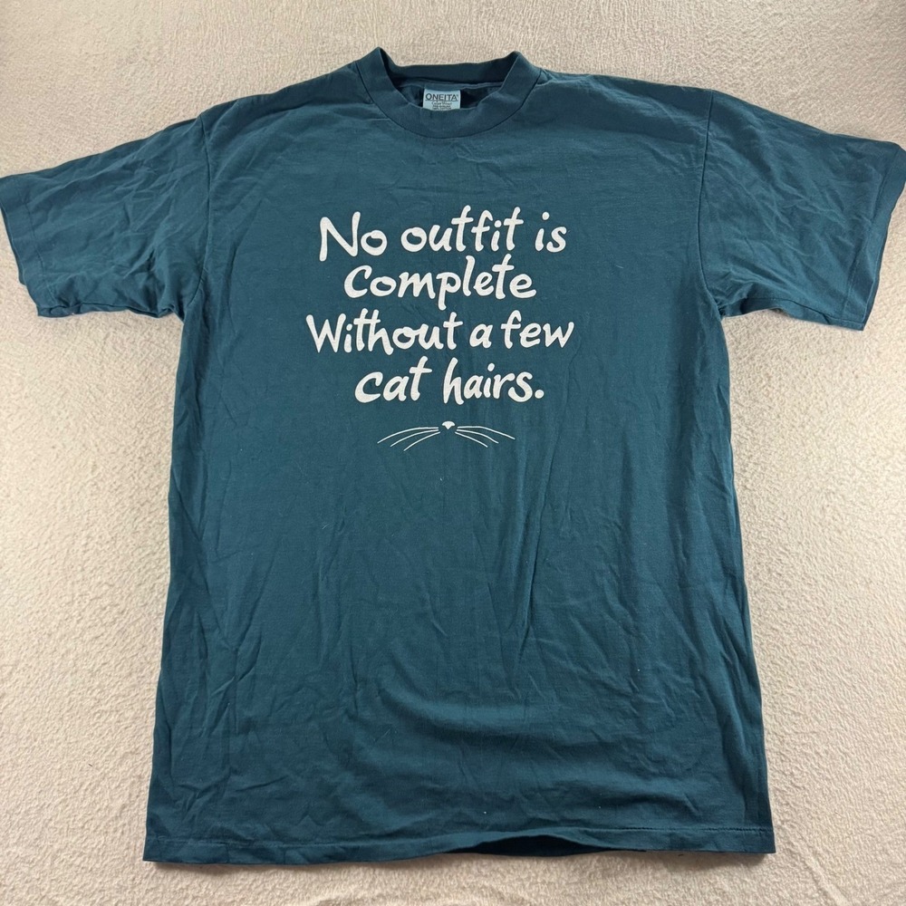Oneita Cat Hair Graphic T-Shirt Mens L Teal Funny Pet Lover Tee Single Stitch